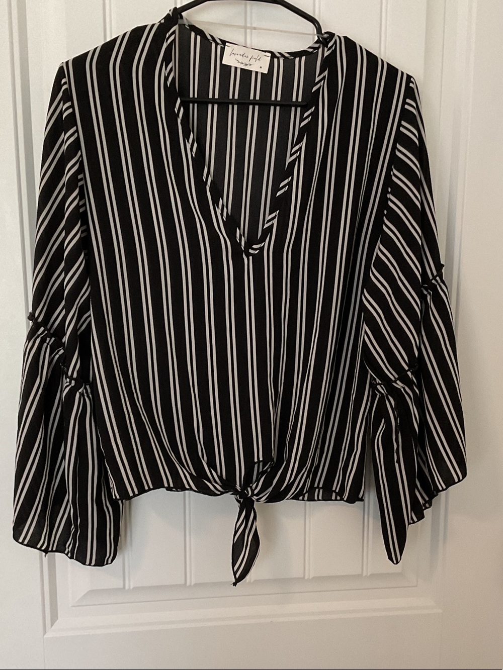 lavender field Black and White Vertical Stripe Tie-Front Blouse